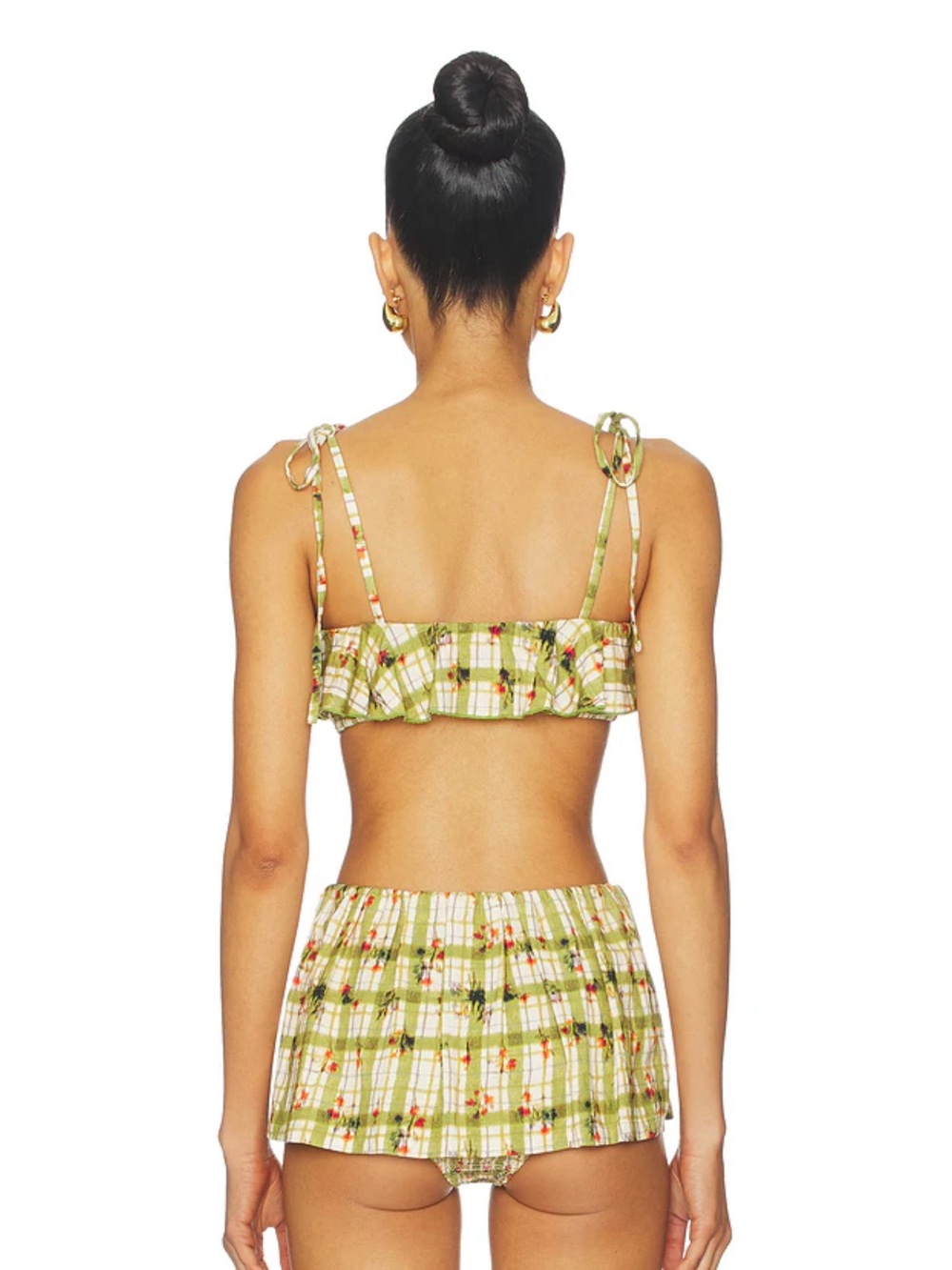 Free People Green Plaid Ruffle Bandeau Top with Tie Straps and Bottoms - Picture 3 of 5